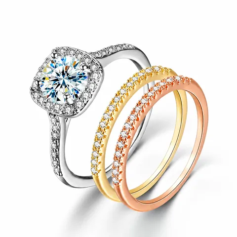 Set di Anelli in Rame con Zirconia per Donna Geometrici Halo Anelli Sovrapponibili Eleganti Placcati Oro Argento Oro Rosa Gioielli