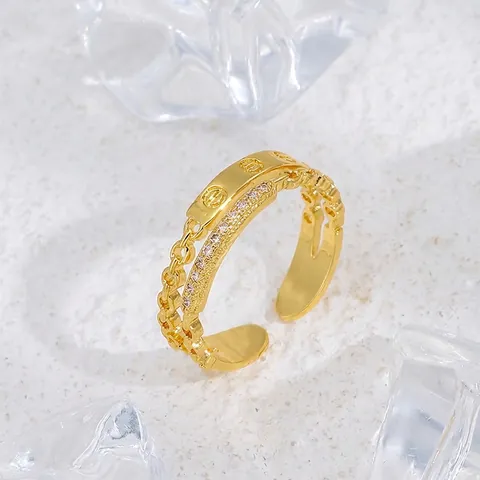 Fashion Copper Double Layer Open Ring Micro Pave Zirconia Geometric Adjustable Hip Hop Ring Jewelry For Women Accessories