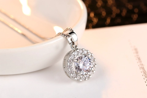 Fashion Round Zirconia Jewelry Set For Women Copper Silver Plated Halo Necklace Stud Earrings Ring Set Classic Simple Style
