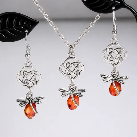 Vintage Kupfer Libelle Halskette Und Ohrringe Schmuckset Mit Keltischem Knoten Bernstein Zirkonia Für Damen Schmuck Geschenk