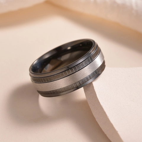 Herren Titanstahl Zahnrad Ring Mode Gestuft Zwei Töne Schwarz Silber Edelstahl Band Ring Trendiger Maskuliner Schmuck Geschenk