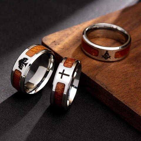 Vintage Titanium Stalen Ring met Houten Inleg voor Heren Dames Levensboom Kruis Vrijmetselarij Symbool Religieuze Sieraden