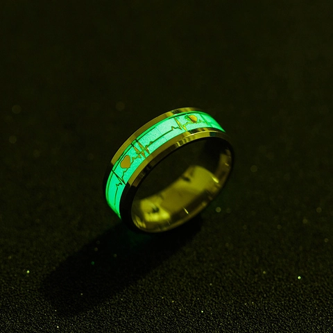 Anello Luminoso con Linea Battito Cardiaco EKG e Cuore per Uomo Donna Acciaio Inossidabile Fluorescente Band Ring Punk Gioielli Regalo