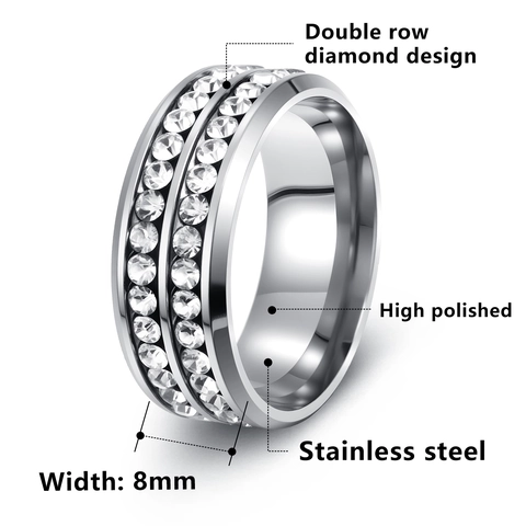 Anillo de Acero Inoxidable con Doble Fila de Diamantes de Imitación Ancho Pulido Joyería de Boda Fiesta para Hombre Mujer
