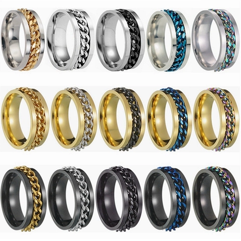 Fashion Titanium Steel Spinner Ring Rotating Chain Punk Stress Relief Band Ring For Men Women Casual Cool Jewelry Gift