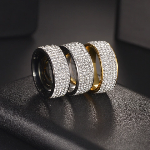 Hip Hop Stainless Steel Full Rhinestone Cuban Link Ring For Men Women Wide Gold Silver Black Iced Out Bling Jewelry Finger Ring