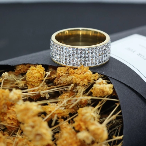 Hip Hop Stainless Steel Full Rhinestone Cuban Link Ring For Men Women Wide Gold Silver Black Iced Out Bling Jewelry Finger Ring