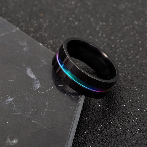 Anello da Uomo Minimalista in Acciaio Inossidabile Nero Finitura Spazzolata Scanalatura Arcobaleno Anello a Fascia Gioielli di Moda