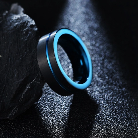 Modern Men Tungsten Carbide Ring Black Matte Frosted Finish With Blue Grooved Center Blue Interior Comfort Fit Wedding Band Jewelry For Men