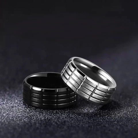 Anello in Acciaio al Titanio con Motivo a Griglia Industriale per Uomo Donna Minimalista Fascia Larga Gioielli Scanalati Incisi