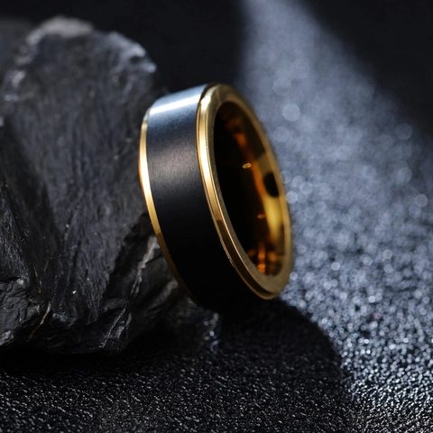 Men Tungsten Steel Ring Minimalist Black Brushed Fashion Band Ring With Gold Edges Geometric Jewelry For Daily Wedding Party