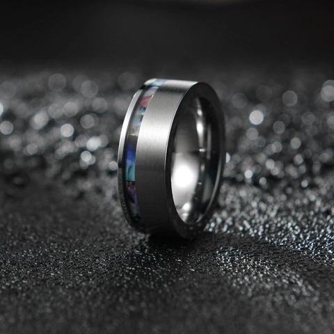 Anello in Acciaio al Titanio Spazzolato con Intarsio di Conchiglia di Abulone per Uomo Donna Minimalista Gioielli Banda