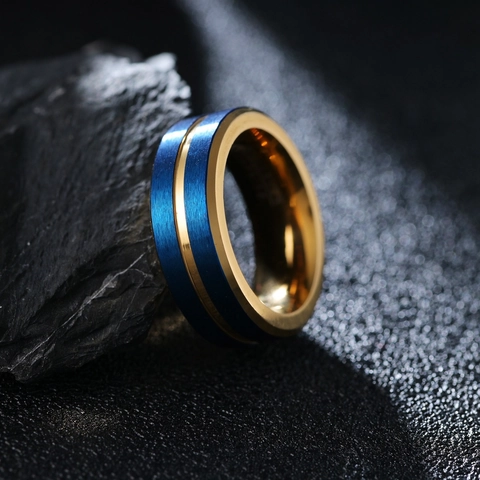 Titanium Steel Brushed Two Tone Ring For Men Blue And Gold Plated Grooved Band Jewelry Gift For Anniversary Wedding Party