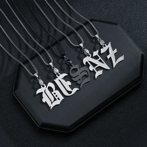Gothic Old English Initial Letter Pendant Necklace Stainless Steel Hip Hop Punk Surname Alphabet Pendant For Men Women Jewelry