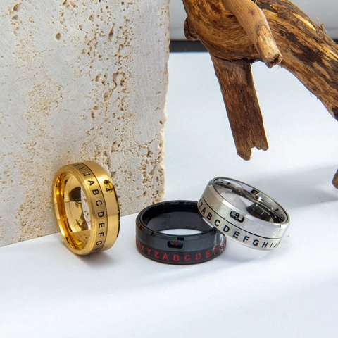 Anello Spinner Rotante Unisex in Acciaio Inossidabile Opaco Spazzolato Lettere Alfabeto Numerico Antistress Gioielli