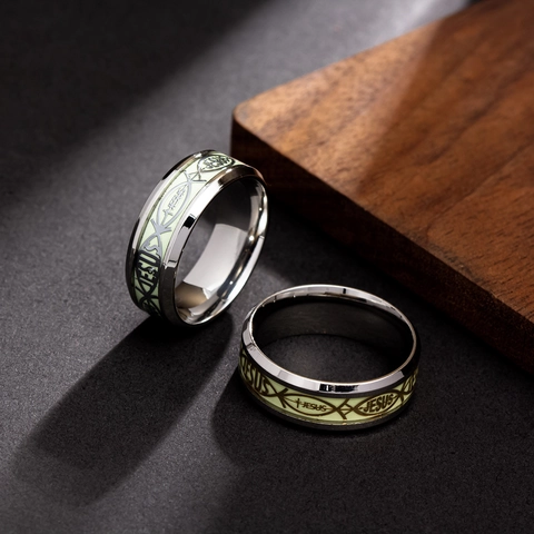 Roestvrij Staal Lichtgevende Religieuze Ring Gloed In Donker Titanium Band Jezus Vis Christelijke Sieraden Voor Mannen Vrouwen Vintage Cadeau