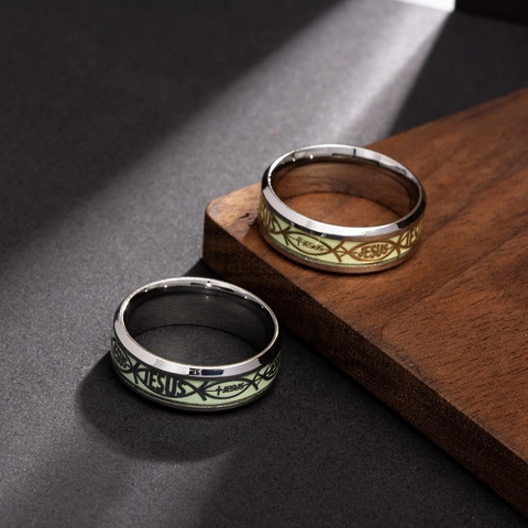 Roestvrij Staal Lichtgevende Religieuze Ring Gloed In Donker Titanium Band Jezus Vis Christelijke Sieraden Voor Mannen Vrouwen Vintage Cadeau