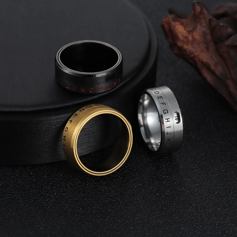 Anello Spinner Rotante Unisex in Acciaio Inossidabile Opaco Spazzolato Lettere Alfabeto Numerico Antistress Gioielli