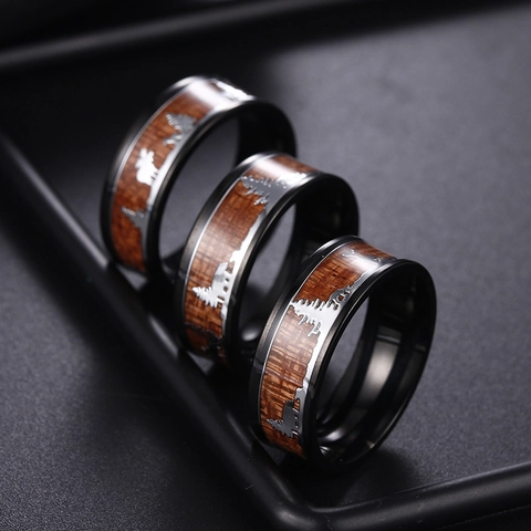 Titanium Steel Wood Inlay Elk Forest Ring For Men Vintage Outdoor Wilderness Animal Pattern Christmas Jewelry Band Gift