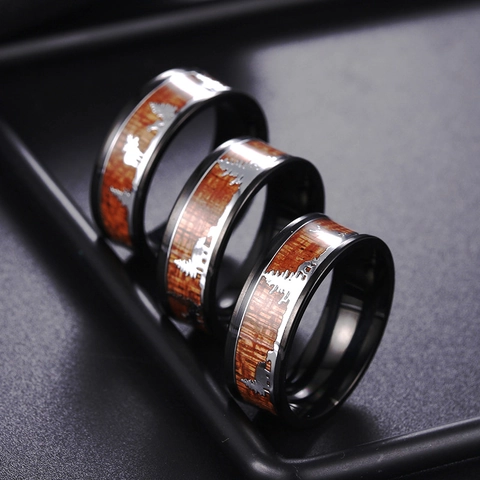 Edelstahlring Mit Holzeinlage Elchwald Kiefernmuster Vintage Schwarz Outdoor Bandring Für Herren Weihnachtsgeschenk