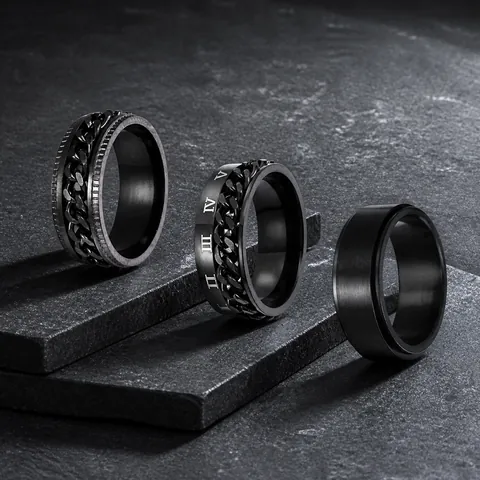 Men's Black Titanium Steel Spinning Rings Set Featuring Chain Link Roman Numerals And Matte Finish Band Rings Punk Fashion Jewelry