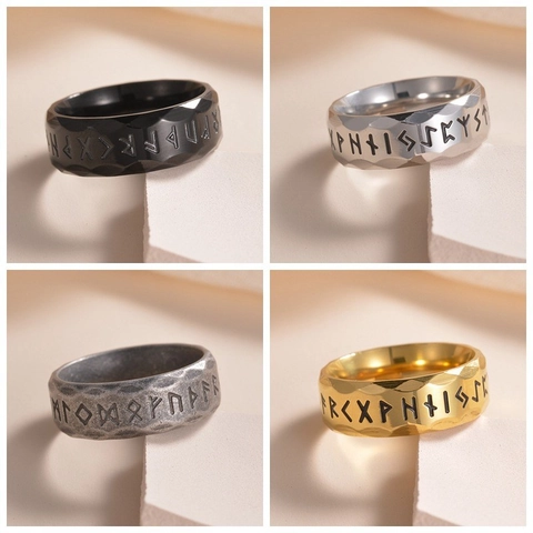 Vintage Viking Noordse Runen Ring Voor Heren Dames Titaniumstaal Verouderd Gefacetteerde Band Runenalfabet Mystieke Cultuur Sieraden