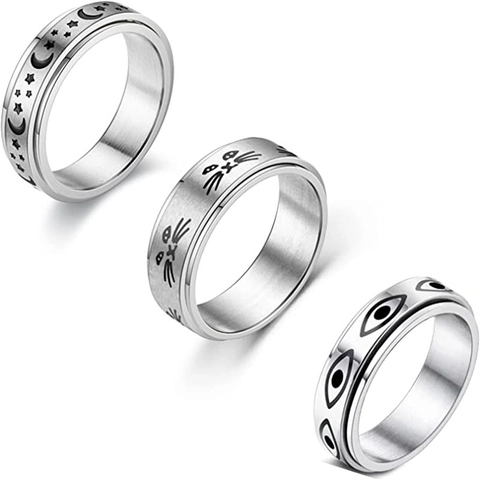 Anelli Spinner in Acciaio al Titanio per Uomo Donna Sollievo Ansia Fidget Rings Gatto Stella Luna Malocchio Opachi Anelli Argento