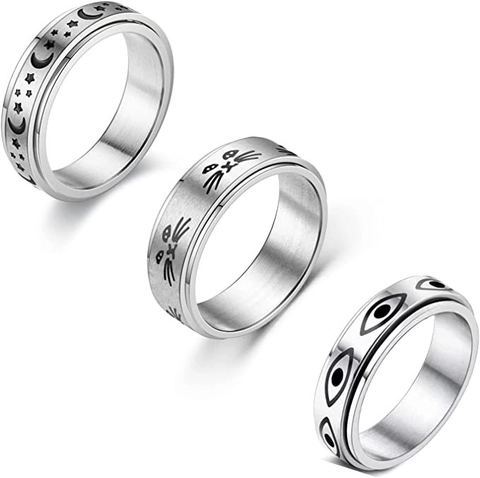 Anelli Spinner in Acciaio al Titanio per Uomo Donna Sollievo Ansia Fidget Rings Gatto Stella Luna Malocchio Opachi Anelli Argento