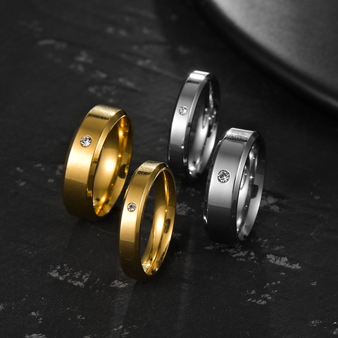 Minimalist Stainless Steel Zirconia Couple Ring Gold Silver Plated Double Beveled Edge Fashion Wedding Band Men Women Jewelry