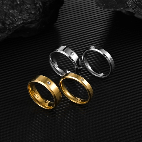 Minimalist Stainless Steel Zirconia Couple Ring Gold Silver Plated Double Beveled Edge Fashion Wedding Band Men Women Jewelry