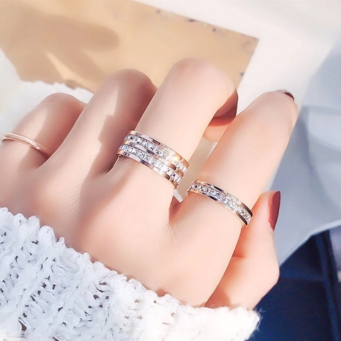 Anillo de Acero de Titanio con Strass para Mujer Estilo Occidental Hilera Simple Doble Pave Eternity Band Oro Oro Rosa Plata Joyería