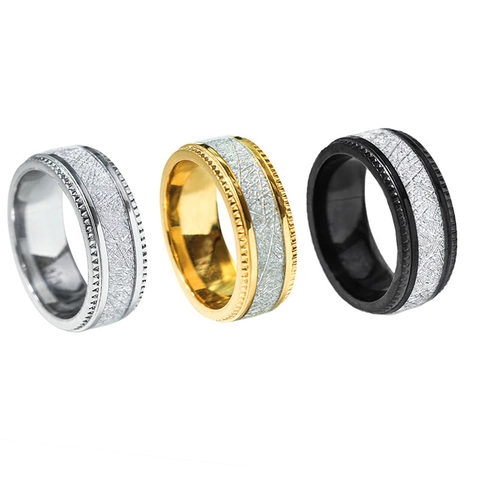 Titanium Steel Ring For Men Women Vintage Meteorite Pattern Inlay Wide Band Gear Edge Black Gold Silver Industrial Jewelry