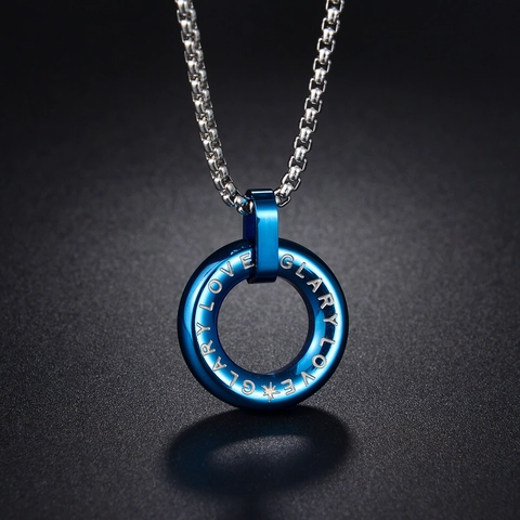 Modern Titanium Steel Blue Round Circle Pendant Necklace With LOVE GLARY Engraving Stainless Steel Box Chain Unisex Jewelry