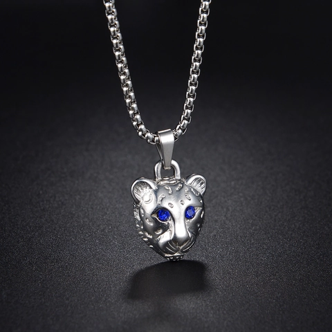 Punk Style Stainless Steel Leopard Head Pendant Necklace With Blue Zirconia Eyes For Men Women Hip Hop Jewelry Silver Tone