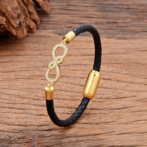 Braided Leather Bracelet Infinity Symbol Copper Zirconia Charm Stainless Steel Magnetic Clasp For Men Women Daily Jewelry