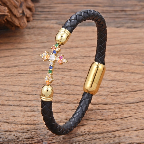 Bracciale Vintage in Pelle Intrecciata con Croce Chiusura Magnetica in Acciaio Inossidabile Zirconia Intarsiata Gioielli Religiosi Uomo Donna