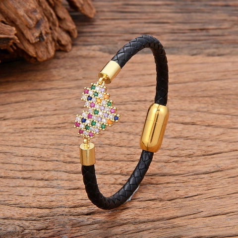 Bracciale in Corda di Pelle Bohemien da Donna Con Fibbia Magnetica in Acciaio Inossidabile Pendente a Cuore Mappa Puzzle
