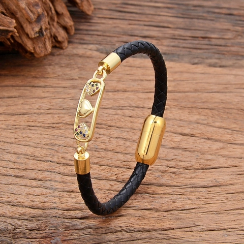 Women Braided Leather Bracelet Stainless Steel Magnet Clasp Zirconia Inlaid Star Moon Heart Design Fashion Jewelry Gift