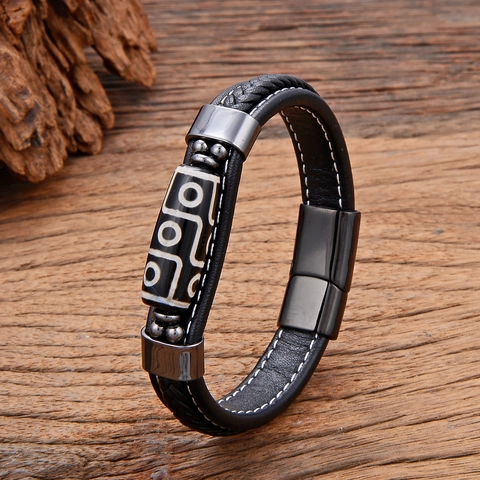 Tibetan Nine-Eyed Dzi Bead Ethnic Bracelet Leather Cord Stainless Steel Clasp Geometric Pattern Braided Wristband For Men Women Jewelry