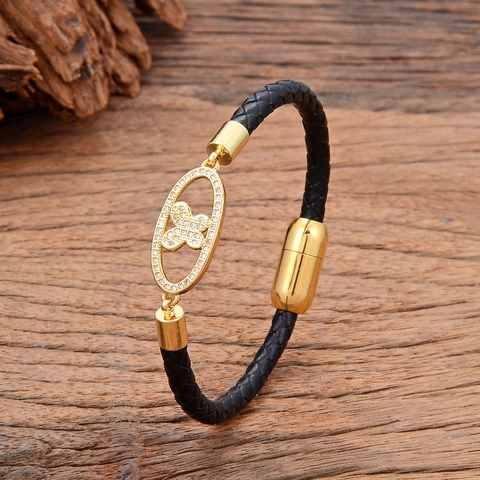 Women Braided Leather Bracelet Stainless Steel Magnet Clasp Zirconia Inlaid Star Moon Heart Design Fashion Jewelry Gift