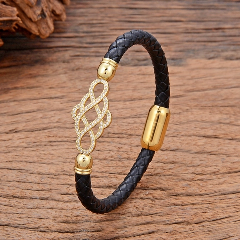 Vintage Braided Leather Cord Bracelet For Women With Zirconia Inlaid Copper Flower Infinite Knot Magnetic Clasp Jewelry