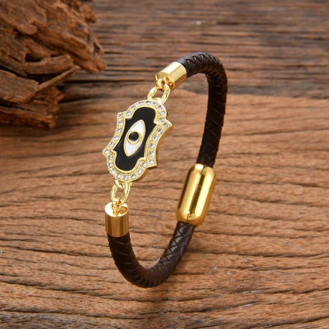 Bracciale Etnico in Pelle Intrecciata con Mano di Fatima e Malocchio per Donna Uomo Rame con Zirconia Intarsiata Gioielli Unisex Regalo