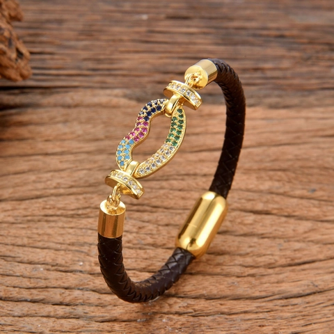 Retro Hand Woven Braided Leather Bracelet For Men Women Gold Plated Copper Heart Zirconia Charm Bracelet Magnetic Clasp Fashion Jewelry