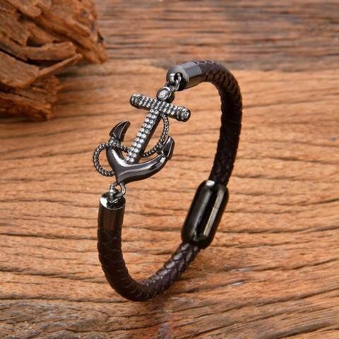 Herren Nautisches Anker Geflochtenes Lederarmband Zirkonia Eingelegt Kupfer Zubehör Edelstahl Verschluss Trendiger Seemannsschmuck