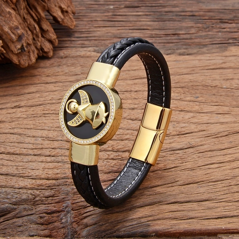 Handgefertigtes Geflochtenes Lederarmband Religiöses Kreuz Engel Jungfrau Maria Charm Magnetverschluss Edelstahl Zirkonia Schmuck