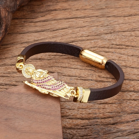Pulsera de Cuero de Figura Religiosa Joyería de Cobre Zirconia Vintage Con Cierre Magnético de Acero Inoxidable Para Adultos