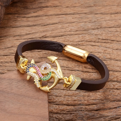 Bracciale da Uomo in Pelle con Fibbia Magnetica in Acciaio Inossidabile Ancora Timone Ciondoli in Zirconia Gioielli Casual