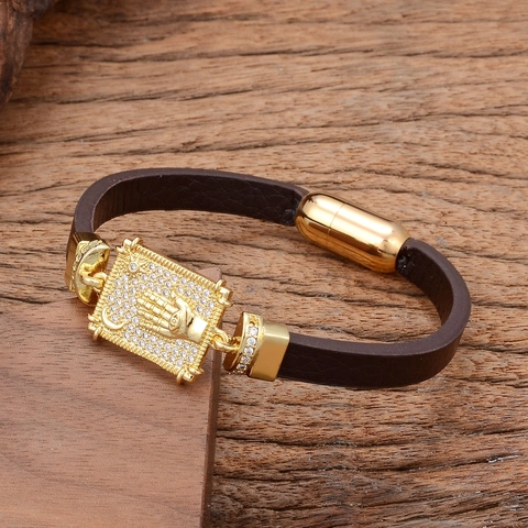 Bracciale Vintage in Pelle Con Ciondolo Mano di Fatima Malocchio Chiusura Magnetica in Acciaio Inossidabile Zirconia Intarsiata Gioielli Boho per Uomo Donna
