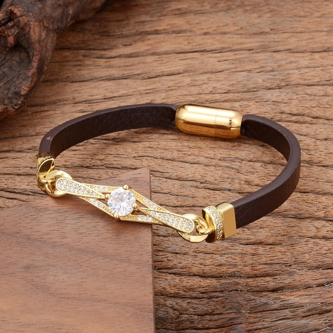 Bohemian Women Braided Leather Bracelet Stainless Steel Magnetic Clasp Copper Zircon Geometric Flower Heart Jewelry