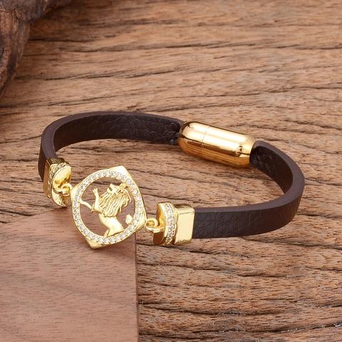 Pulsera de Cuero Vintage para Hombre Cierre Magnético de Acero Inoxidable Colgante de Animal León Dragón Circonita Incrustada Joyería